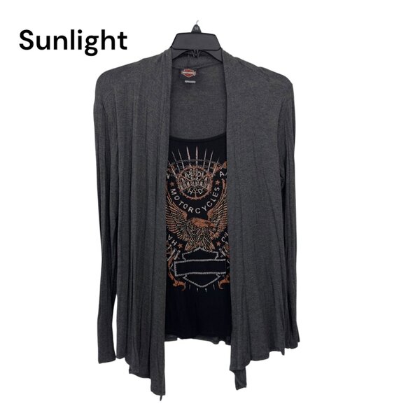 Harley-Davidson Women L/XL Open Front Cardigan With Motorcycle Graphic Tank Top - Picture 2 of 13